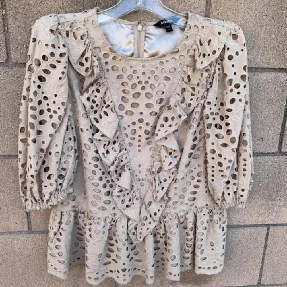 Eyelet Ruffled Peplum Blouse in Neutral - Size L - Picture 1 of 5